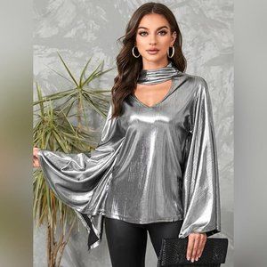 NWT YOINS Sparkle Metallic Top V Neck Lantern Sleeves Shirt, 12